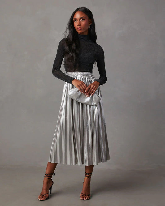 Skirt Autumn Winter Metallic Coated Fabric High Waist A line Mid Length Metal Pleated Skirt