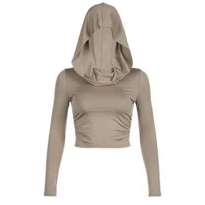 T-shirt court plissé à manches longues et couleur unie pour femme, haut à capuche et imprimé dune, collection automne-hiver