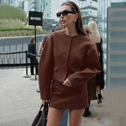 Women Clothing Autumn Winter Street Shooting Cardigan Button Long Sleeve Top Slim Fit Skirt Set