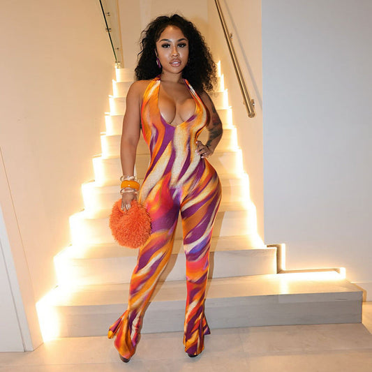 Women Clothing Personality Street Printed Halter Sleeveless Flared Jumpsuit