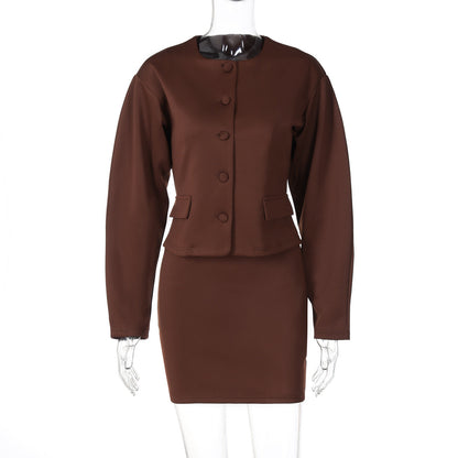 Women Clothing Autumn Winter Street Shooting Cardigan Button Long Sleeve Top Slim Fit Skirt Set