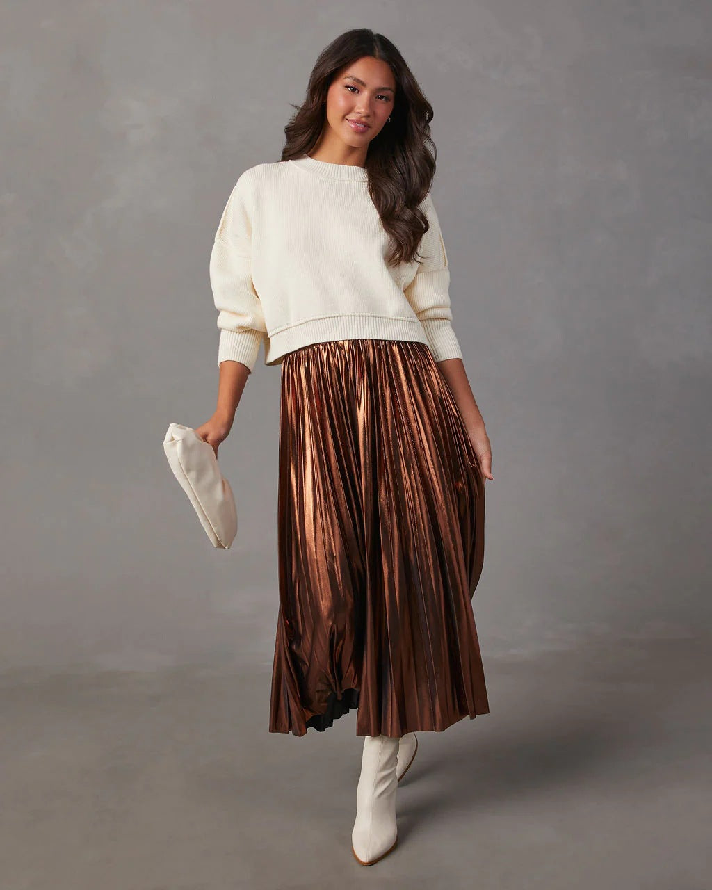 Skirt Autumn Winter Metallic Coated Fabric High Waist A line Mid Length Metal Pleated Skirt