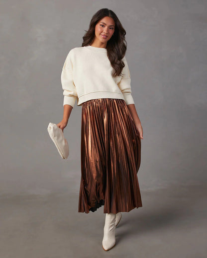 Skirt Autumn Winter Metallic Coated Fabric High Waist A line Mid Length Metal Pleated Skirt