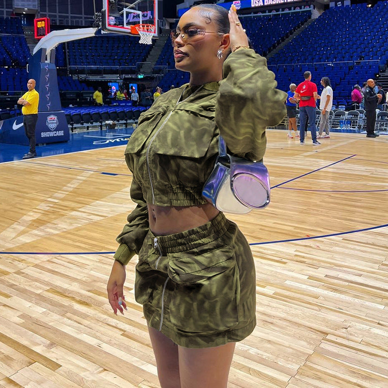 Women Streetwear Camouflage Pocket Zipper Elastic Short Jacket Workwear Skirt Woven Long Sleeve Two Piece Sets
