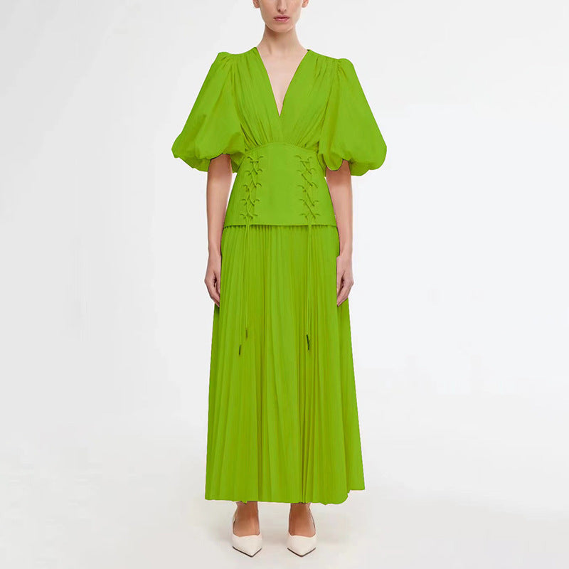 Elegant Lace up Waist Controlled Slimming Maxi Dress Autumn Winter Sexy Deep V Plunge Puff Sleeve Design Dress Women