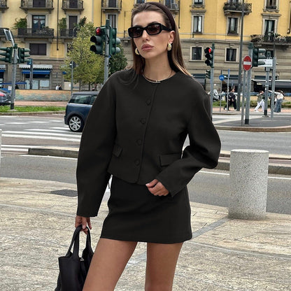 Women Clothing Autumn Winter Street Shooting Cardigan Button Long Sleeve Top Slim Fit Skirt Set