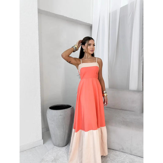 Damen Sommer Farblich passendes langes Sling-Kleid