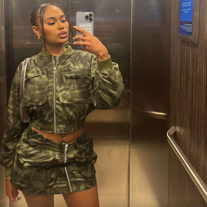 Women Streetwear Camouflage Pocket Zipper Elastic Short Jacket Workwear Skirt Woven Long Sleeve Two Piece Sets