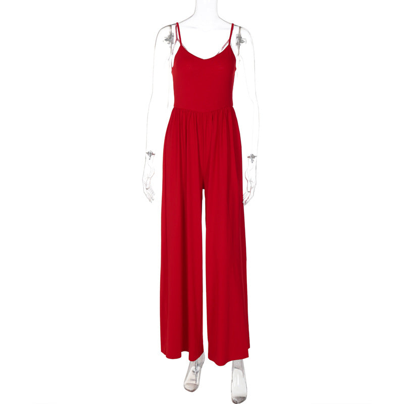Women Summer Sexy Backless Spaghetti Straps Loose Jumpsuit