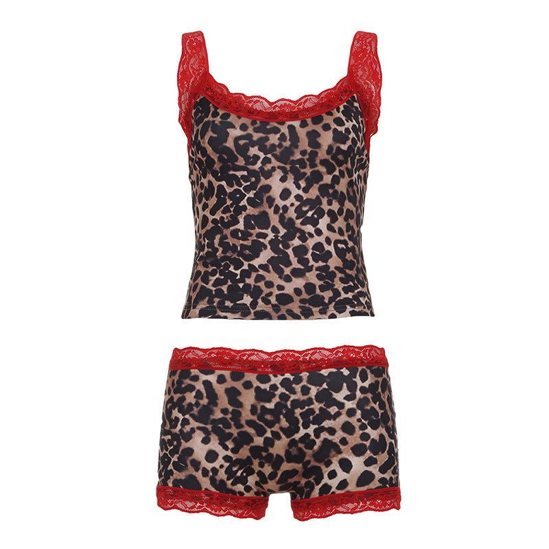 Women Clothing Leopard Print Sexy Lace Lace Spaghetti Strap Top Shorts Suit Pajamas Home Wear