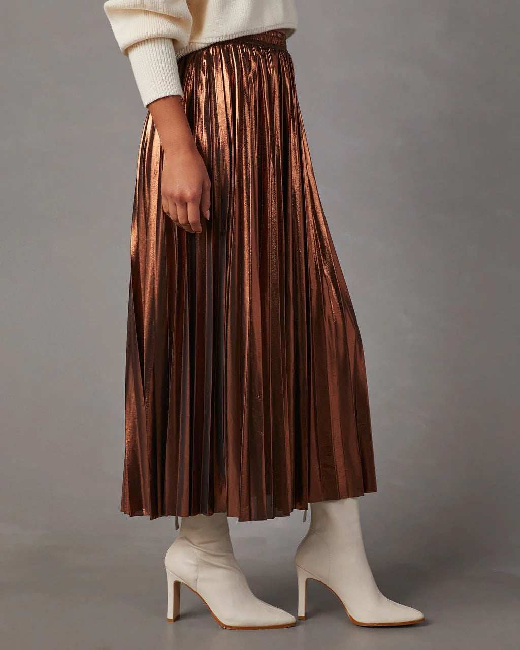Skirt Autumn Winter Metallic Coated Fabric High Waist A line Mid Length Metal Pleated Skirt