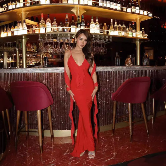 Damen Sommer Sexy Kleid V-Ausschnitt Rückenfrei Slim Fit Schultergurt Fischschwanz Abendkleid