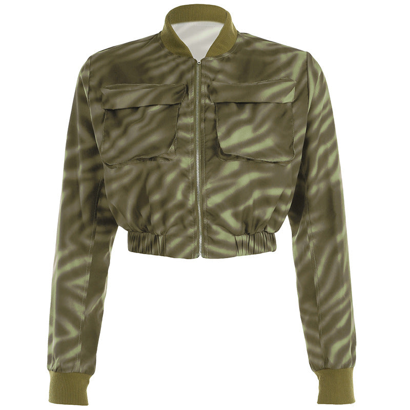 Women Streetwear Camouflage Pocket Zipper Elastic Short Jacket Workwear Skirt Woven Long Sleeve Two Piece Sets