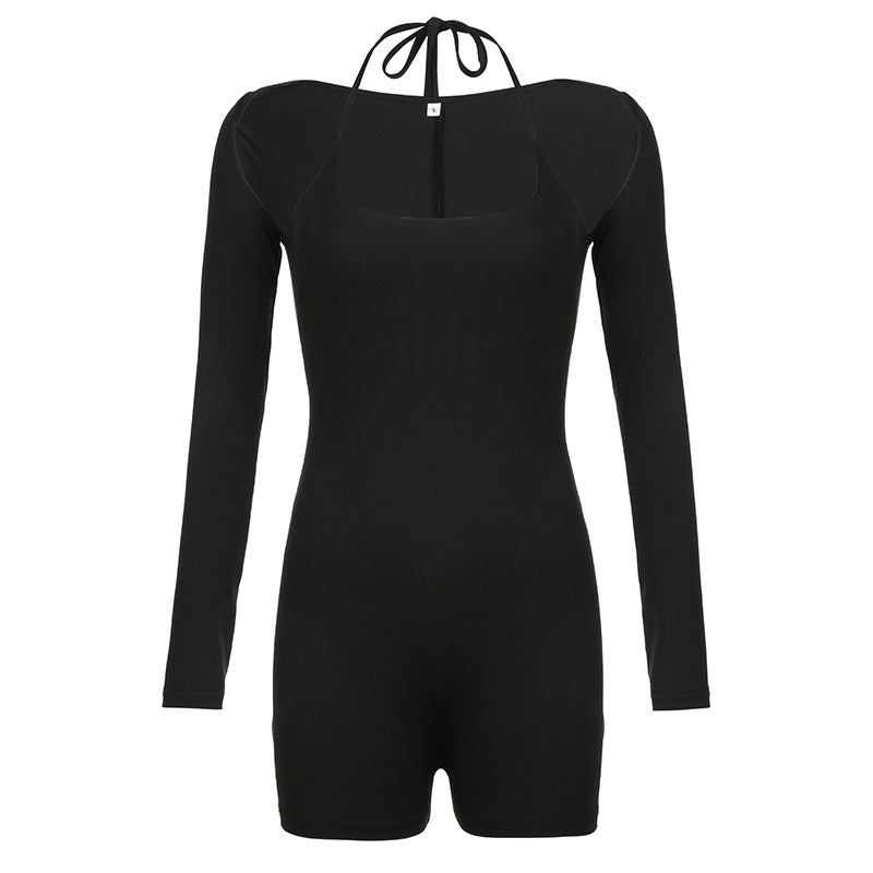 Women Clothing Solid Color Halter Lace up Jumpsuit Two Piece Blouse Sexy Casual Sports Suit