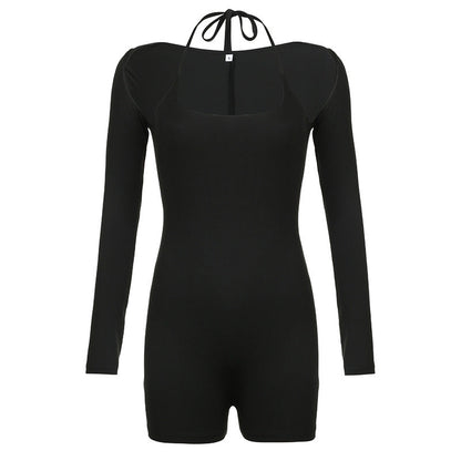 Women Clothing Solid Color Halter Lace up Jumpsuit Two Piece Blouse Sexy Casual Sports Suit