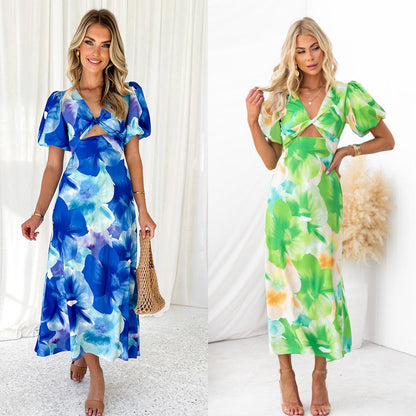 Jahr Blase Ärmel Maxi Kleid Sexy Print V ausschnitt Aushöhlen Cutout Frauen Kleidung