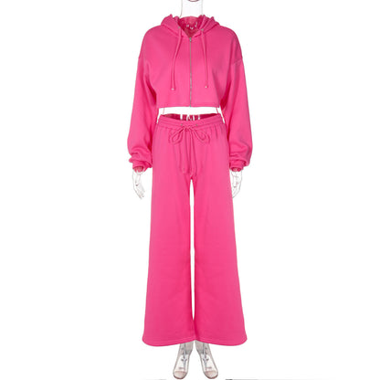 Women Clothing Autumn Winter Zipper Hooded Cropped Top Slim Casual Trousers Two Piece Sets