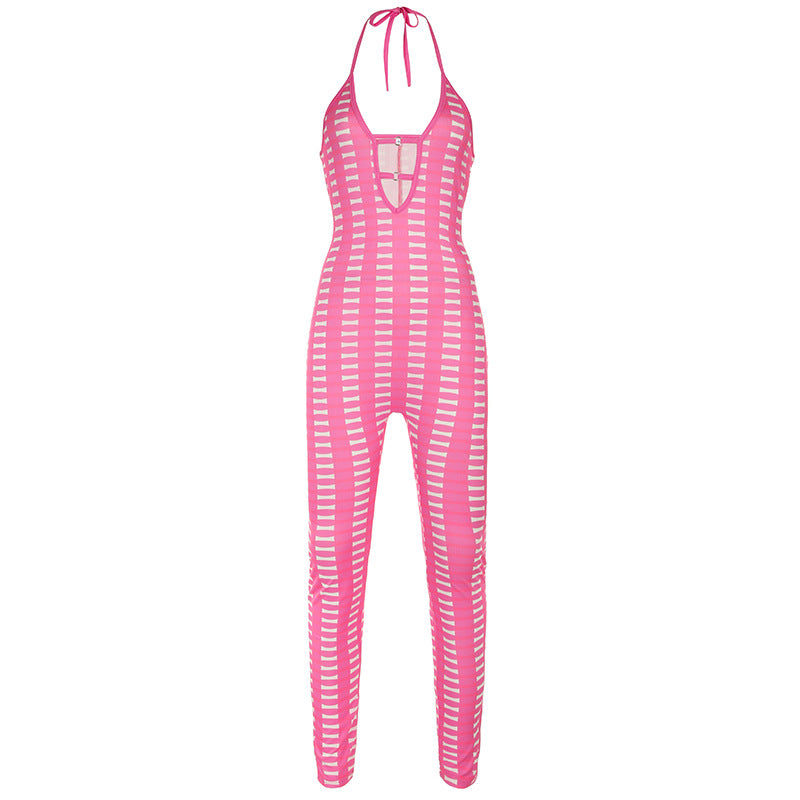 Sexy Women Clothing Barbie Pink Striped Contrast Color Deep V Plunge neck Hollow Out Cutout out Tight Braces Halter Jumpsuit Skinny Trousers