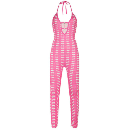 Sexy Women Clothing Barbie Pink Striped Contrast Color Deep V Plunge neck Hollow Out Cutout out Tight Braces Halter Jumpsuit Skinny Trousers