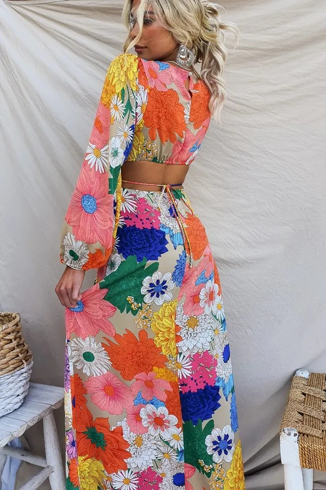 Jahre Herbst Winter Print Rundhals Laterne Ärmel Lange Taille Kleid-