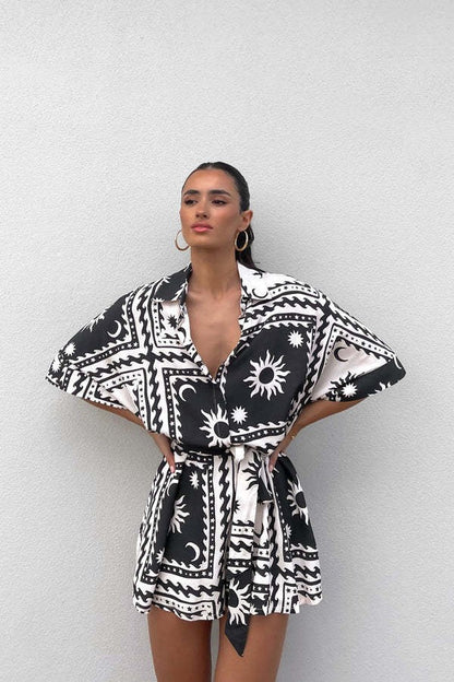 Summer Women Waist Controlled Lace up Geometric Abstract Printed Sexy Jumpsuit Amplified craft