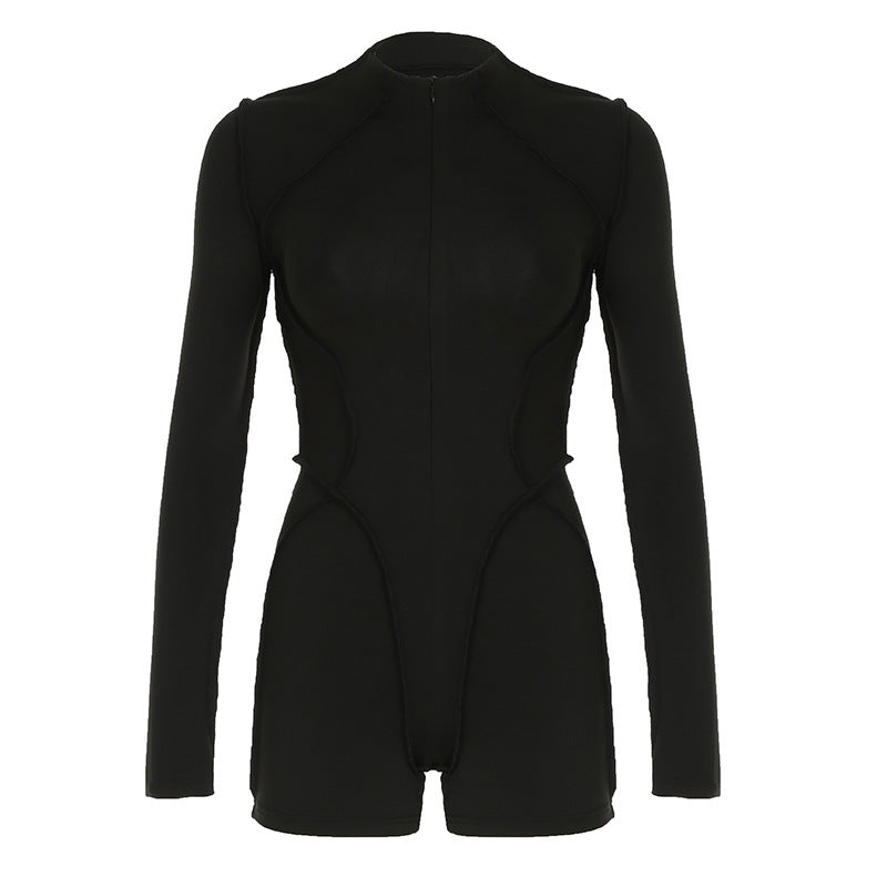 Women Clothing Spring Autumn Long Sleeve Reverse Car Split Zipped round Neck Casual Sports Jumpsuit Shorts