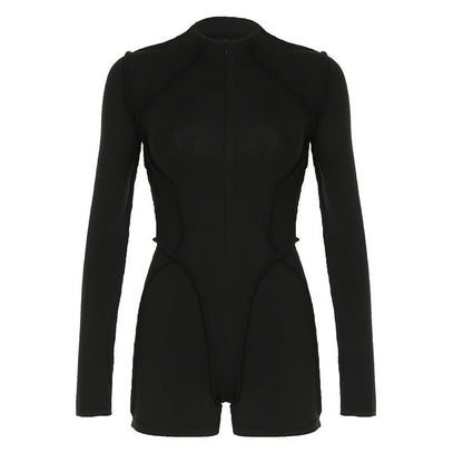 Women Clothing Spring Autumn Long Sleeve Reverse Car Split Zipped round Neck Casual Sports Jumpsuit Shorts