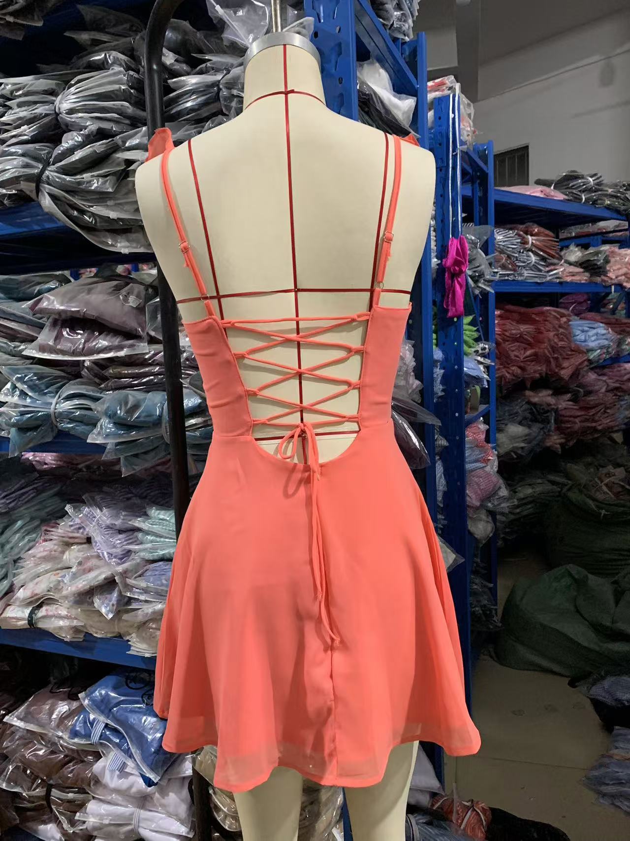 Spring Women Clothing Solid Color Chiffon Backless Thin Belt Dress Office