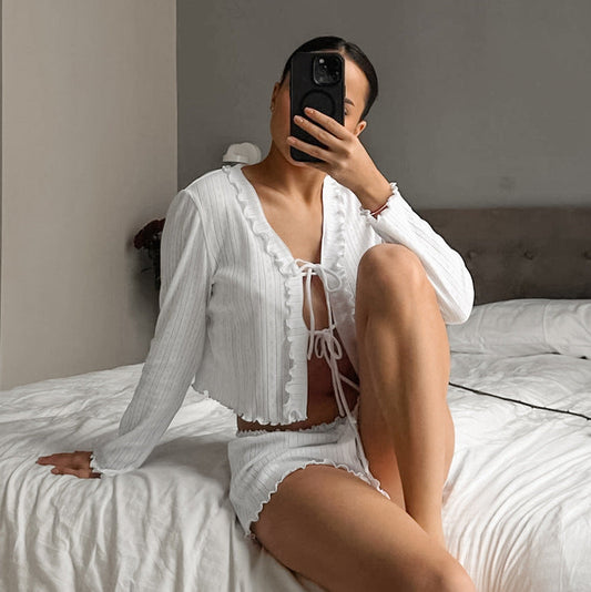 Spring White Knitted Hollow Out Cutout Jacquard Pajamas Two Piece Sets Long Sleeve Shorts Women Homewear
