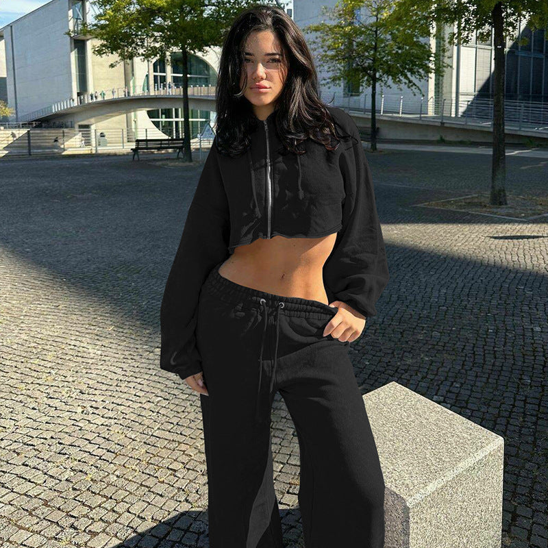 Women Clothing Autumn Winter Zipper Hooded Cropped Top Slim Casual Trousers Two Piece Sets