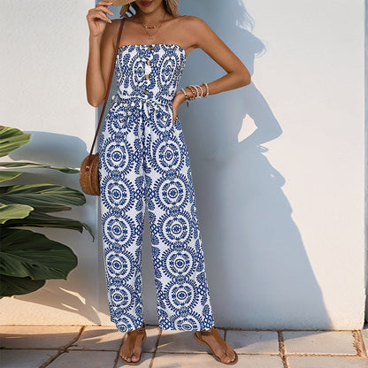 Woomen Summer Jumpsuit Elastic Waist Printed Sleeveless Jumpsuit