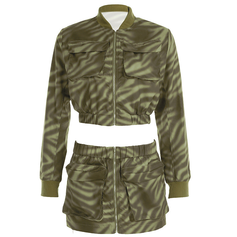Women Streetwear Camouflage Pocket Zipper Elastic Short Jacket Workwear Skirt Woven Long Sleeve Two Piece Sets