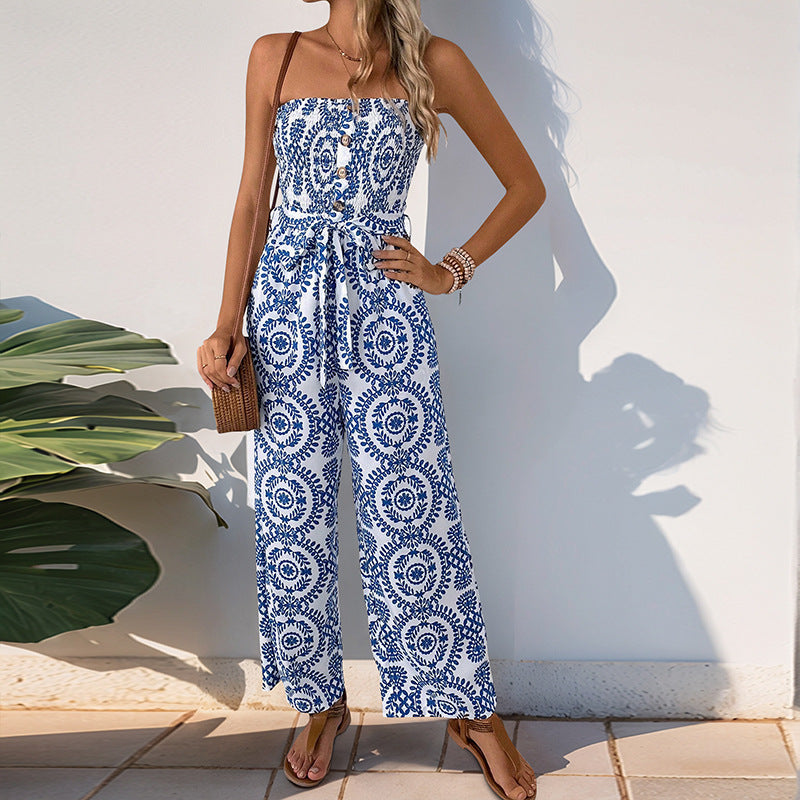 Woomen Summer Jumpsuit Elastic Waist Printed Sleeveless Jumpsuit
