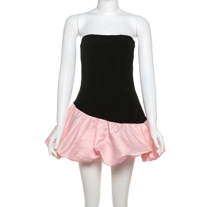 Winter Women Clothing Elegant Sleeveless Tube Top Advanced Suede Stitching Puffy Short Dress
