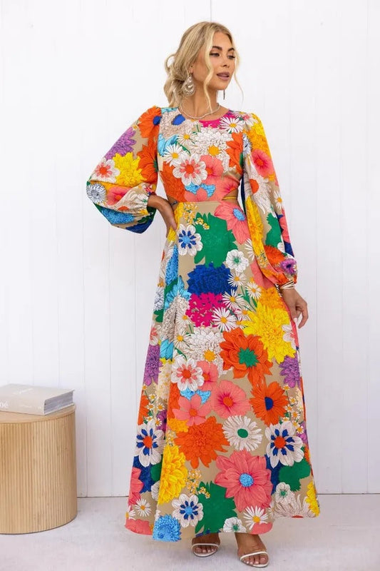 Jahre Herbst Winter Print Rundhals Laterne Ärmel Lange Taille Kleid-