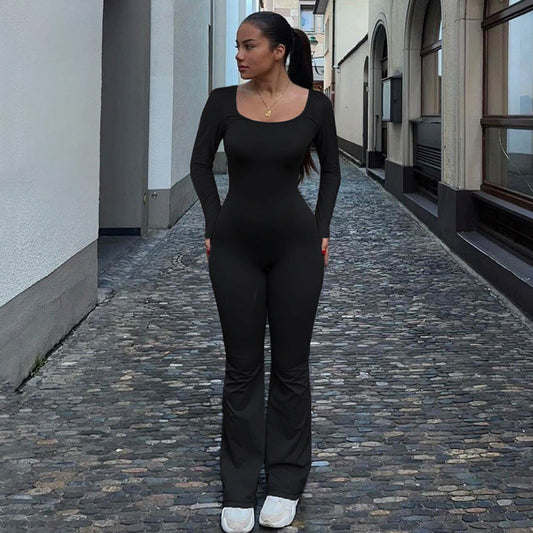 Spring Summer Sports Jumpsuit Solid Color Fitness Casual Trousers Sexy Hollow Out Cutout-out Backless Yoga Bell Bottom Pants