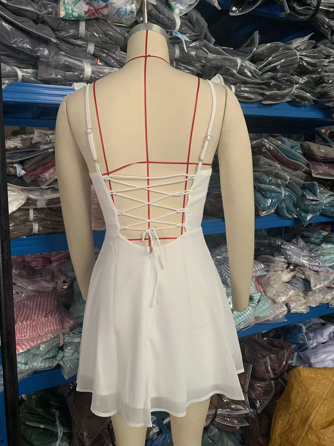 Frühling Frauen Kleidung Einfarbig Chiffon Backless Dünnen Gürtel Kleid Büro