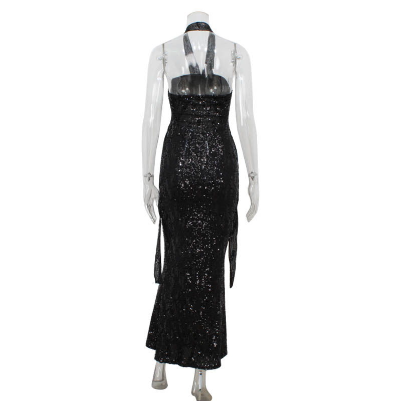 Women Sexy Tube Top Halter Cut out High Waist Sheath Dress Sequ Graceful Formal Dress