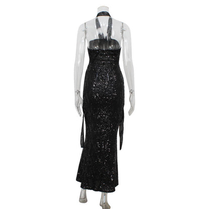 Women Sexy Tube Top Halter Cut out High Waist Sheath Dress Sequ Graceful Formal Dress