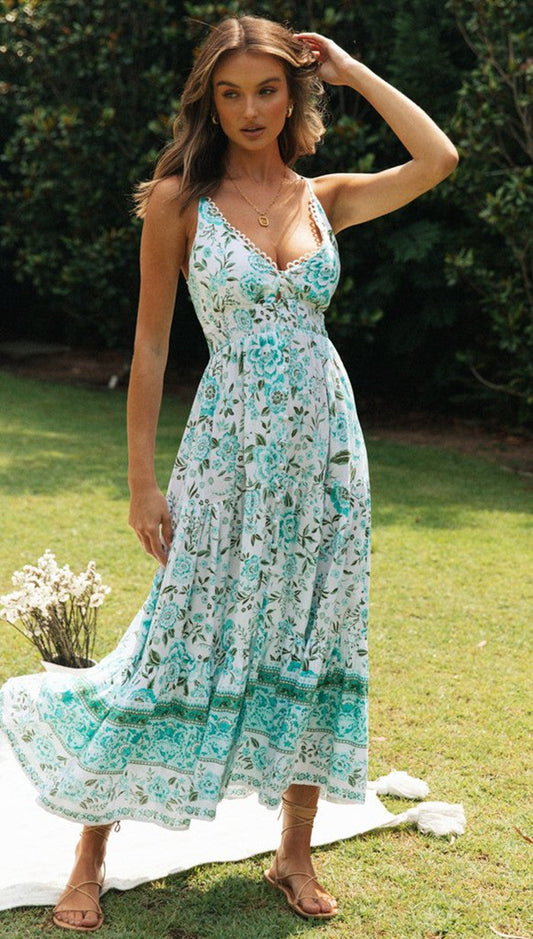 Damen V-Ausschnitt Positionierung Floral Maxikleid Rückenfreies Schnürkleid