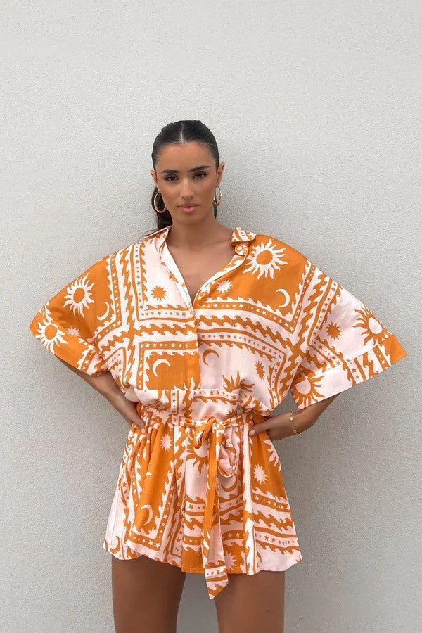 Summer Women Waist Controlled Lace up Geometric Abstract Printed Sexy Jumpsuit Amplified craft