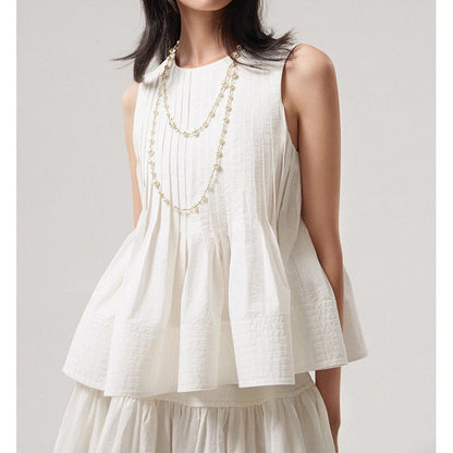 Woolen Cotton Tucker Pleats Sleeveless Bud Top Mid-length Dress Set