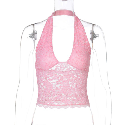 Women Clothing Winter Sexy Hollow Out Cutout Lace Slim Sexy Vest All Matching Halter Top