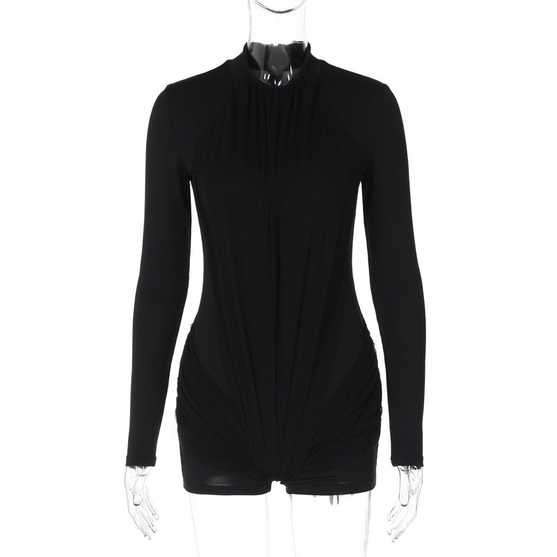 Women Clothing Winter Solid Color Slim Zipper Long Sleeve Jumpsuit