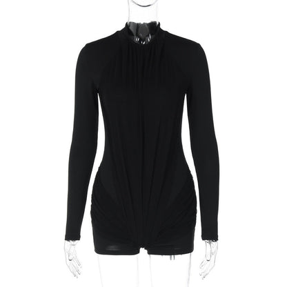 Women Clothing Winter Solid Color Slim Zipper Long Sleeve Jumpsuit