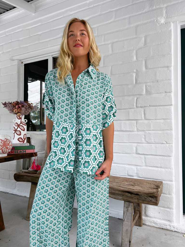 Women Printing Stitching Casual Shirt Two Piece Pant Set