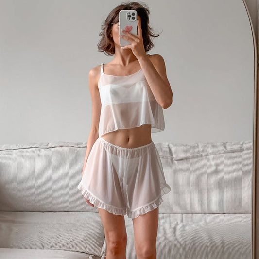 Spring Summer Sexy See through Chiffon Pajamas Suspenders Ruffled Shorts Two Piece Sets Thin Homewear Women