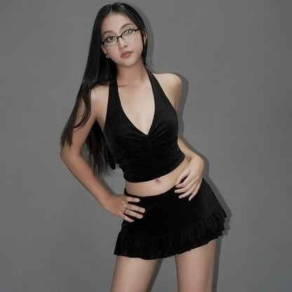 Women Clothing Autumn Sexy Backless Lace Up Tube Top Short Type Lace Skirt Set