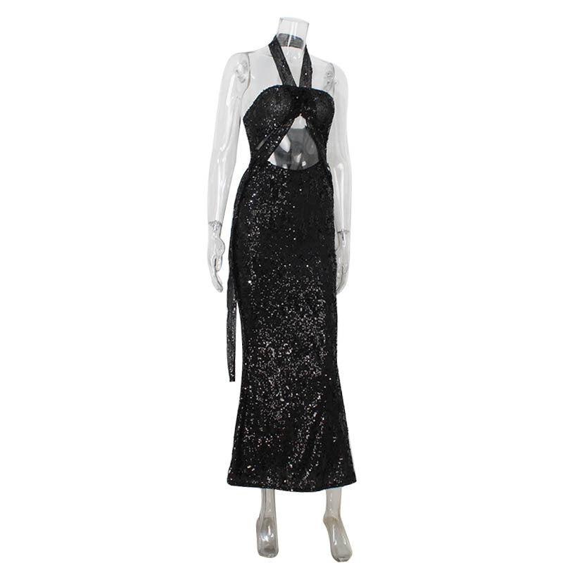 Women Sexy Tube Top Halter Cut out High Waist Sheath Dress Sequ Graceful Formal Dress