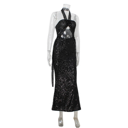 Women Sexy Tube Top Halter Cut out High Waist Sheath Dress Sequ Graceful Formal Dress